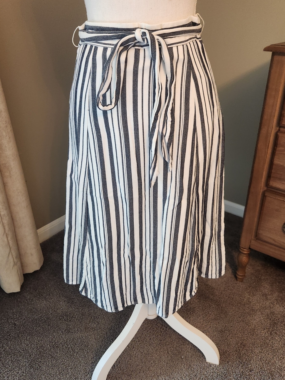 LOFT Navy & White Vertical Stripe Tie-Waist Midi Skirt